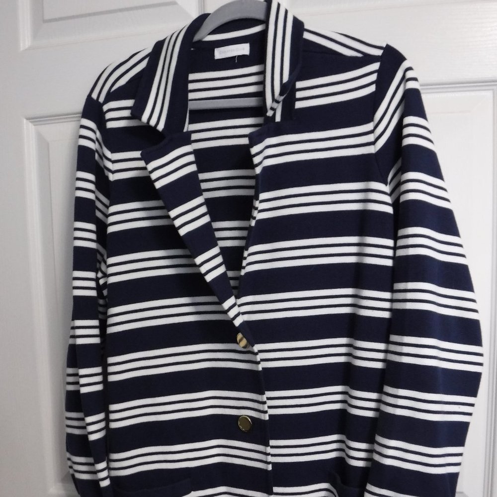 Womens Sweater Knit Blazer Navy/White Strip 3X